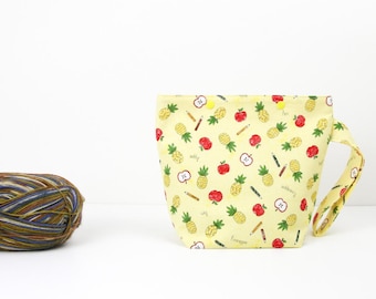 Apple pineapple knitting project bag, one skein sock knitting bag, yellow craft storage with snaps