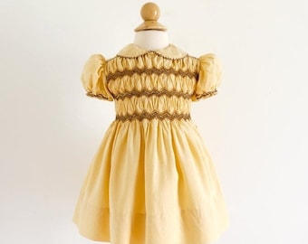 SALE Vintage 1950s Girls Size 9-12M Dress / One Piece Butterscotch Yellow Silk Hand Smocked Dress From Paris / b16-20" L16.5-18"