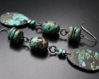 Long all genuine turquoise and oxidized sterling wire wrapped earrings, beach boho gemstone earrings, swingy year round handmade earrings