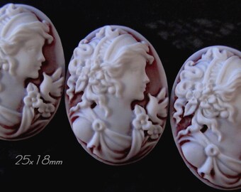 25x18mm Cameo - White on Ruby(frosted) - "Sweet Charlotte II" - 3 pcs : sku 01.22.13.13 - E59