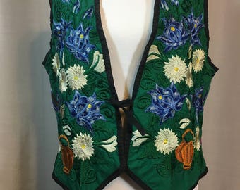 Green Embroidered Vest with White and Blue Flowers, Stripped Back, Front Lining is Solid Black, Hippie Vest Previously 25 Dollars ON SALE