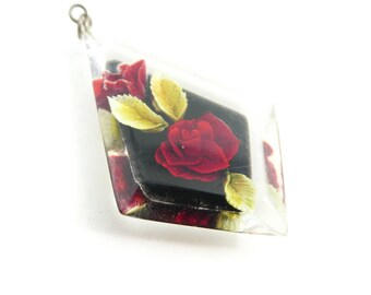 Vintage Lucite, Rose Pendant, Clear, Red Flower, STE106