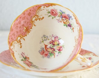 Vintage Royal Paragon Bone China Teacup and Saucer, Pink Panels, Floral and Bird of Pardise Decor, England