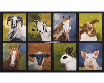 Farm Animal Quilt Fabric Panel, Robert Kaufman Down On The Farm, 16513, Sheep, Goat, Horse, Rabbit, Pig, Cheri Wollenberg, Cotton