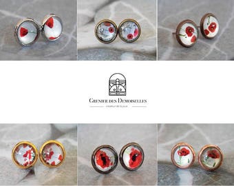 Metal poppies glass cabochons ear studs