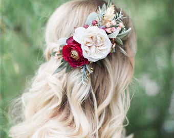 burgundy wedding headpiece, bridal hair clip flower, cream flower, burgundy hair clip, fall wedding hair accessories, wild raspberries, leaf