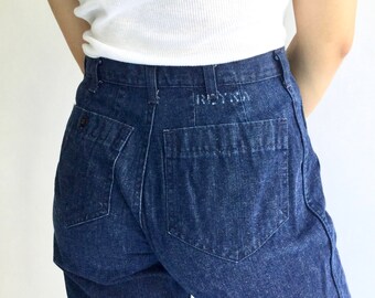 Vintage 30 Waist Dark Wash Cropped Flare Jean | 70s Bell Bottom Kick Flare | Nautical Birkin Sailor Demi Boot
