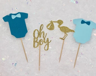 12 ct. Baby Shower Cupcake Toppers - Oh Boy Cupcake Toppers - Baby Shower Decorations - Stork Cupcake Toppers - Onesie Cupcake Toppers