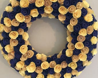 Yellow paper flowers/indigo blue paper flowers/light yellow paper flowers/blue paper flowers/blue and yellow paper flowers/paper wreath