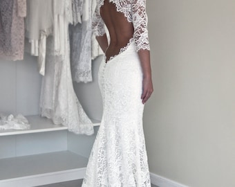 Keyhole Back Wedding Dress in Corded French Lace, Illusion Neckline Lace Dress, Trumpet Wedding Dress with Sleeves