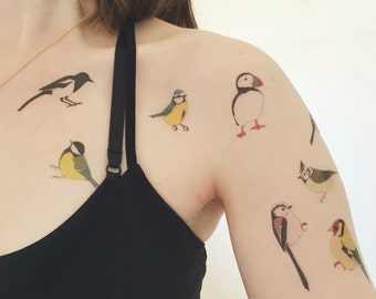 bird temporary tattoos (9 birds) realistic illustrated fake tattoos - nature body art - magpie , blue tit , puffin