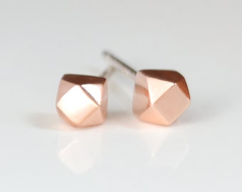 Rose Gold Stud Earrings - Simple Geometric Faceted Studs - Tiny Pastel Pink and Silver Earings - Handmade in Brooklyn NY by Hook And Matter