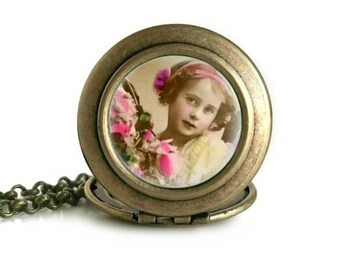 Flower Girl Antique Photo Locket Pendant | Victorian Picture Necklace | Vintage Style Jewelry