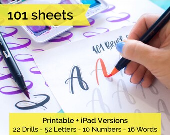 101 worksheets Brush Lettering Calligraphy Practice drills, alphabet, numbers + words with this printable workbook. iPad procreate