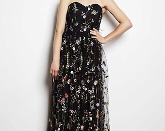 Black floral gown, floral maxi dress, black wedding dress, prom dress, embroidered dress, strapless, spring wedding, black tie gown