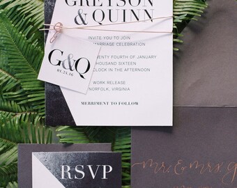 Modern Industrial Black White and Gold Wedding Invitation Suite