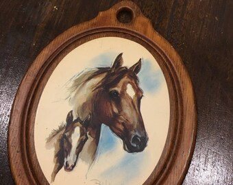 Horse and colt thin wood plaque 6 1/2 inches