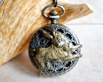 Rabbit pocket watch, mens pocket watch with rabbit mounted on front case