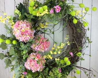 Delux sping wreath, Large spring wreath, Front door wreath, Hydrangea Wreath, Pink Hydrangea Wreath, Hydrangea Wreath Spring, Summer Wreath