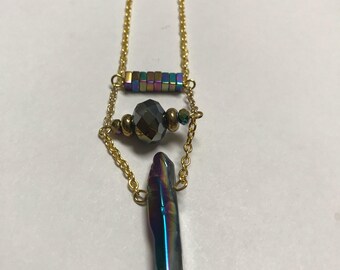 Gold and Iridescent Crystal Beaded Necklace