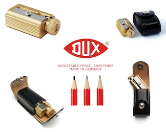 Legendary DUX Adjustable Pencil Sharpener - brass in a genuine leather case - Made in Germany