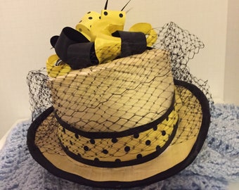 Hat, Top Hat, Yellow Top Hat, Black and Yellow Hat,Yellow and Black Hat, Races Hat, Poolka Dot Hat, Veil Netting Hat, Ribbon Hat, Riding Hat