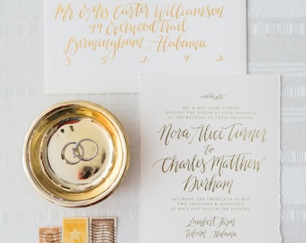 Gold Foil Calligraphy Wedding Invitation Suite, Custom Design