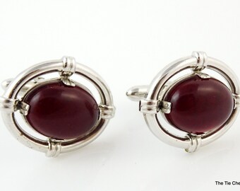 Vintage Swank Cufflinks Red Cabochon Silver Tone