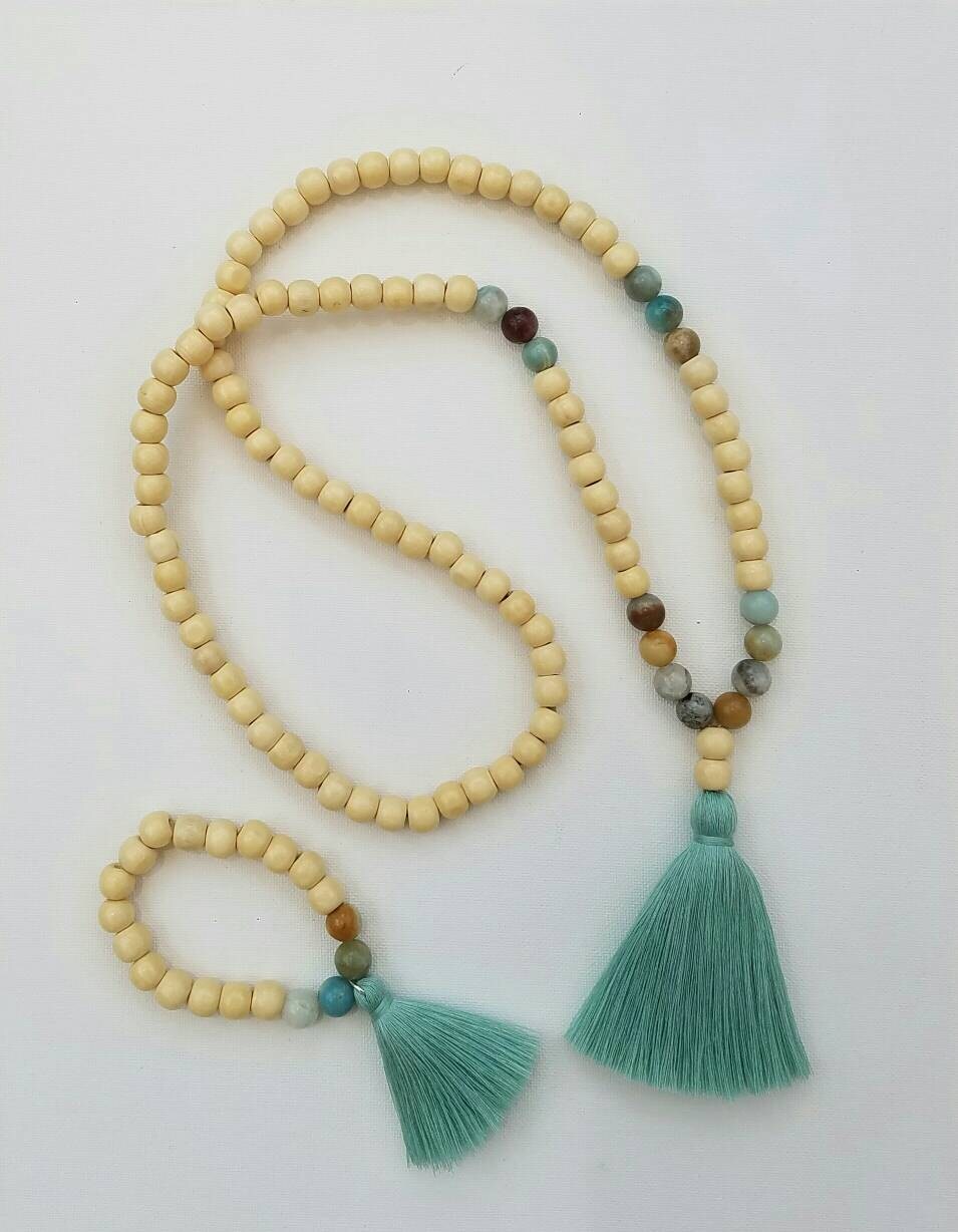 Long Mala tassel necklace and bracelet set with real gems