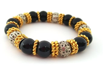 Vintage Bracelet - Black Gold Beaded Stretch Bracelet - Gift for Her / C250