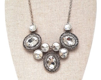 Triple Oval Crystal Silver Statement Bib Necklace, Formal Crystal Statement Necklace, Clear Oval Crystal, Wedding Necklace