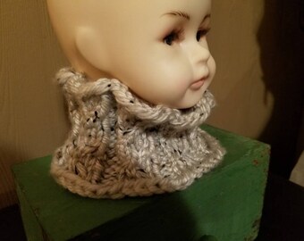 Cabled Cowl for a 2 to 6 year old child in heathered oatmeal color