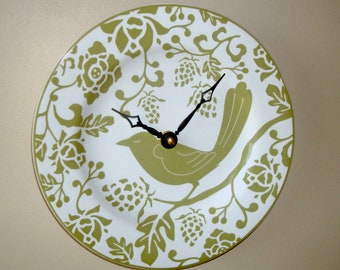 Olive Bird Wall Clock 8-1/2 Inches SILENT, White and Olive Wall Clock, Ceramic Plate Clock, Kitchen Clock, Unique Wall Decor - 2520