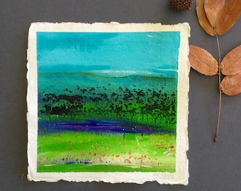 Abstract landscape, small painting, acrylic painting, handmade paper, original art