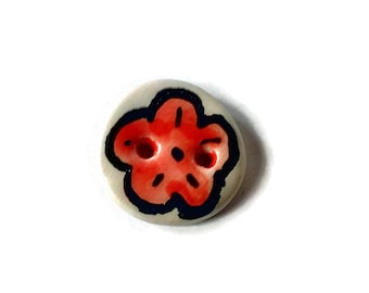 Red flower button, round ceramic button, art button, hand made clay button for sewing, collectible button, Spring button, two hole button