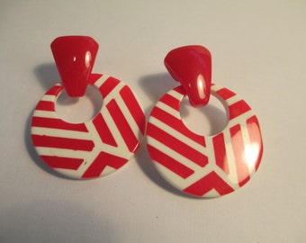 Vintage Jewelry pierced earrings, red and white plastic, not Signed