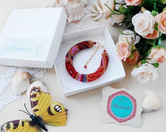 Elegant unique bracelet for woman Xmas gift-for-sister Red beaded bracelet Christmas gifts-for-wife Patchwork jewelry Stretch bracelet gold