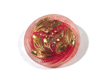 27mm Czech Button Hand Painted Foliage VINTAGE Czech Glass Button Pink Gold Luster Lace Czech Glass Vintage Button Jewelry Supplies (S242)