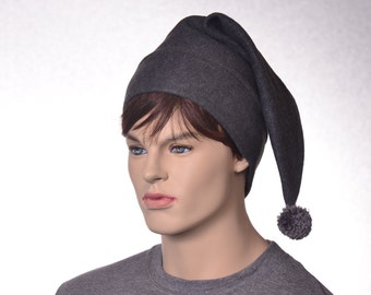 Dark Grey Elf Hat Dark Gray Stocking Cap Charcoal Gray Pointed Beanie with Pompom