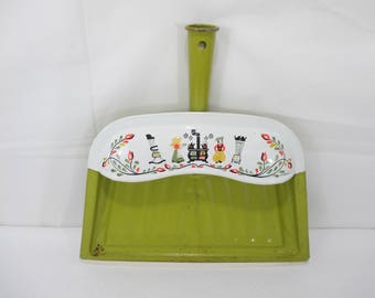 Vintage Green Metal Dustpan, Folk Art Pattern, JV Reed Dustpan