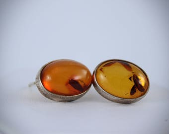 Vintage Pair of Amber Earrings Set in Sterling Silver with Inclusions in Each