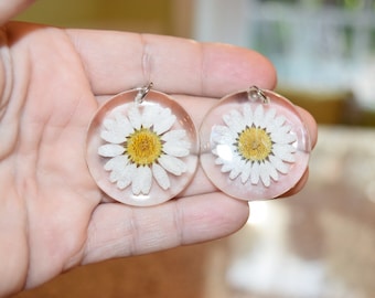 Summer Gift Jewelry For Girlfriend White Jewelry Flower Earring Daisy Earrings Daisies White Earrings Real Flower Earrings Dried Flower