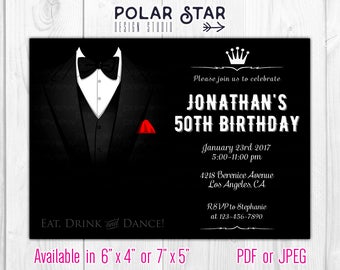 Tuxedo, Gentleman - Classic Elegant Personalized 30 40 50 60 70 80 90 Birthday Invitation - men, black, tux - Printable Digital File 185