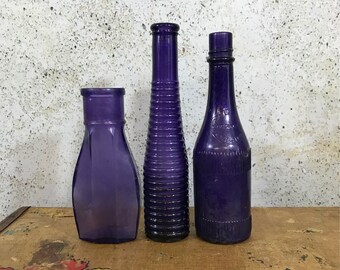 Vintage PURPLE BOTTLE Lot - Amethyst Antique Bottles- Poison Bottle- Rochester NY- Decorative Unusual Shapes- Farmhouse Decor- R92