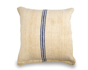 Vintage European Grain Sack Cushion with Blue Stripes down the middle