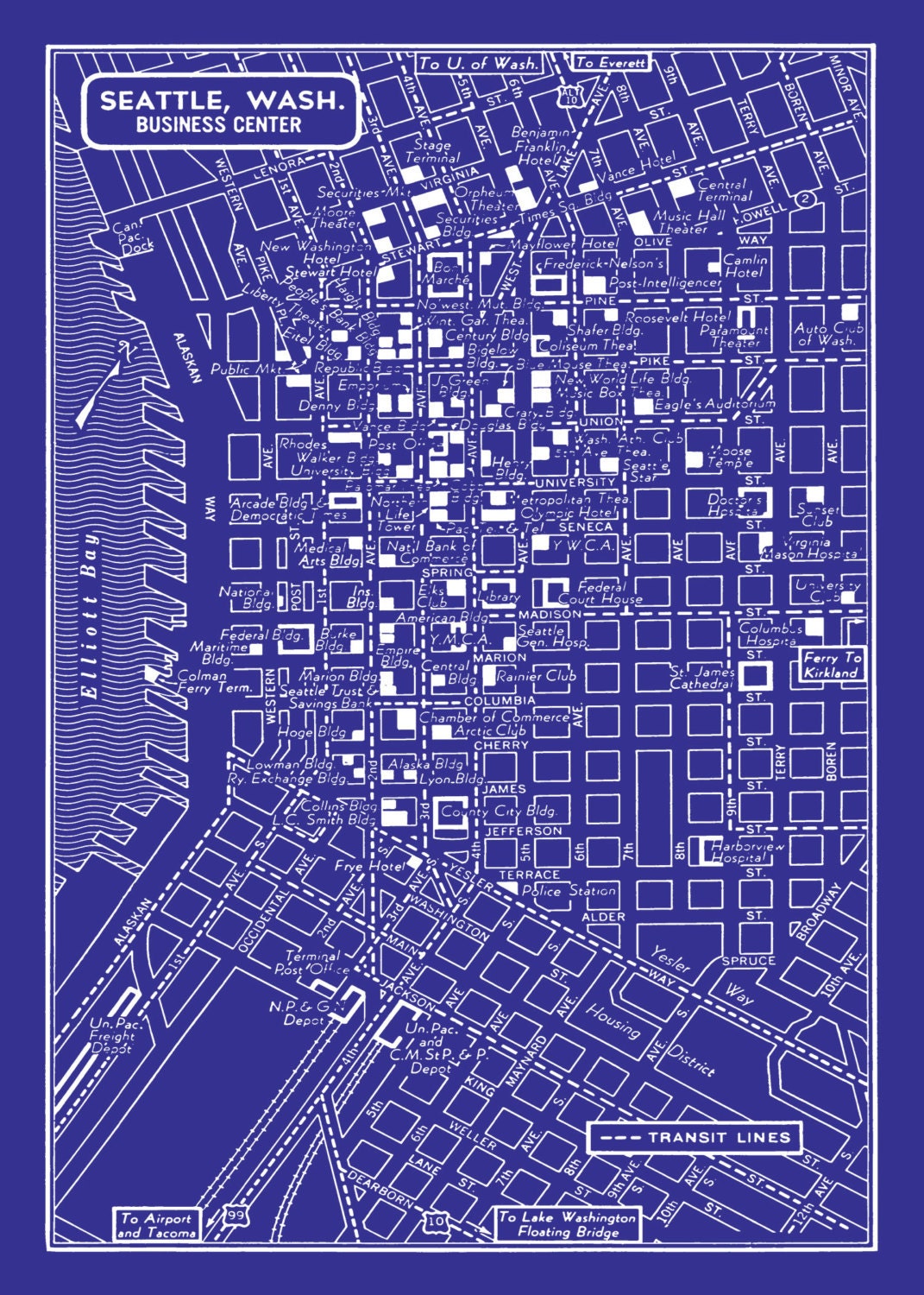 1949 Vintage Map Of Downtown Seattle Blueprint Map Print