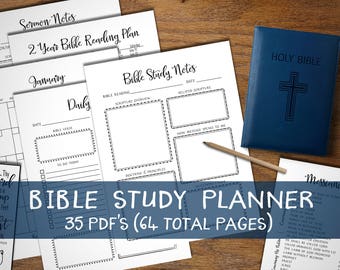 Bible Study Planner. Instant download printable. Sermon Notes. Prayer Journal. Christian Devotional Bundle. Organizer note book. Calendar.