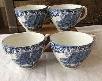 Vintage Heritage Hall / Blue Ironstone Transferware Tea Cups set of 4/ Staffordshire England / Johnson Brothers / Georgian Townhouse