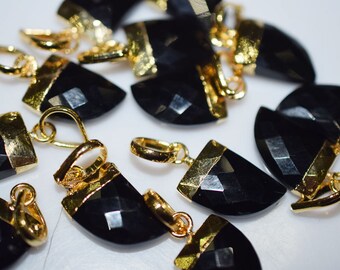 Natural Black Onyx Nails Faceted Pendant with 24 kt Gold Electroplated Edge-22 mm, black onyx Pendant - Horn, Tooth, teeth Charm,1511