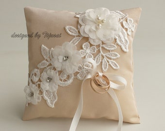 Wedding ring bearer pillow with embroidered lace and flowers-beige ring bearer, ring cushion, ready to ship